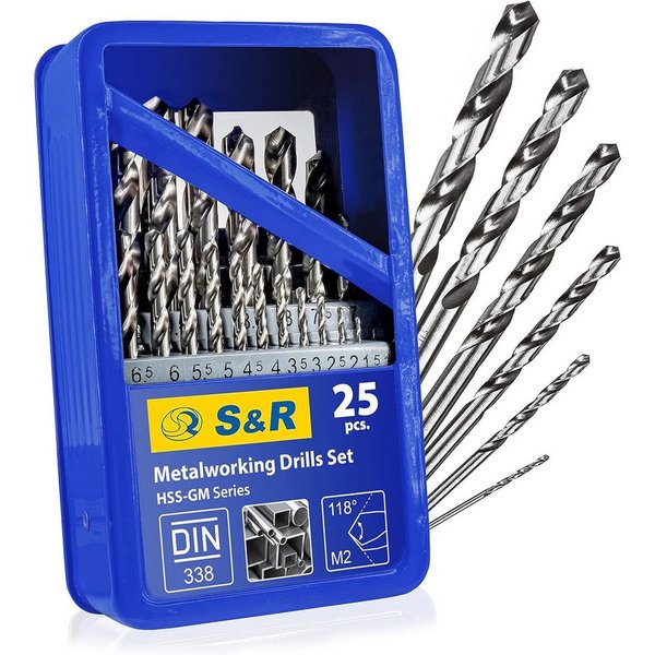 S&R Metallbohrer -Set, 118° Spitzenwinkel, GM-Serie, HSS-Stahl, Industrie-Qualität, (Set, 25 teilig, ø 1-13 mm), extra hohe Standzeit, DIN 338, geschliffen, Sta
