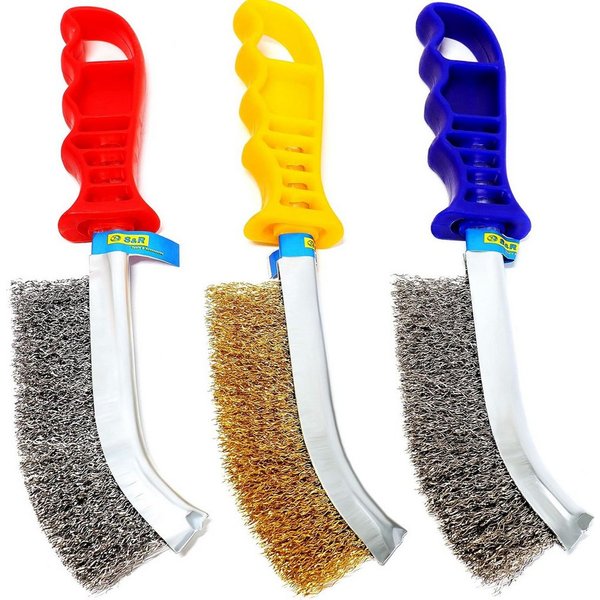 S&R Reinigungsbürsten-Set Handdrahtbürste-Set, Drahtbürste 125mm Bürste, Entgraten, Entrosten, (Set, 3-tlg., 3-teilig mit Edelstahlbürste, Messingbürste und Sta