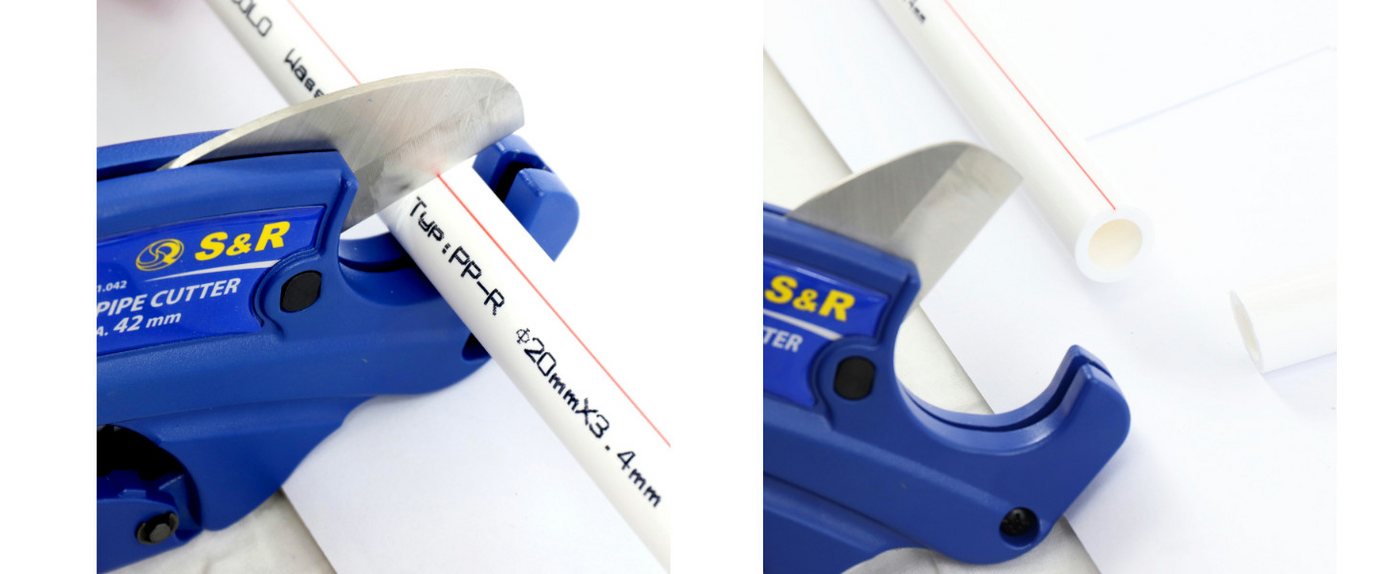 S&R Rohrschneider mit 2 Klingen, Ratschen-Rohrschere, Edelstahl-Klinge HRC 54, (1-tlg., + Ersatzklinge), für Kunststoff-Rohre bis 42 mm aus PVC, CPVC, PE-X, PE, – Bild 2 von 5