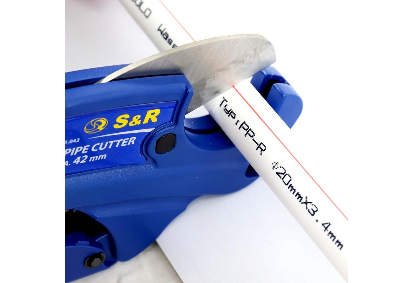 S&R Rohrschneider mit 2 Klingen, Ratschen-Rohrschere, Edelstahl-Klinge HRC 54, (1-tlg., + Ersatzklinge), für Kunststoff-Rohre bis 42 mm aus PVC, CPVC, PE-X, PE, – Bild 4 von 5