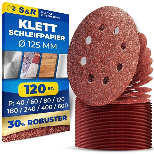 S&R Schleifpapier Klett 125 mm, Meister, 8 Löcher, 120 St Schleifblätter, (Set, 120 St., 120 St. je 15 x P40, P60, P80, P120, P180, P240, P400, P600), Schleifsc