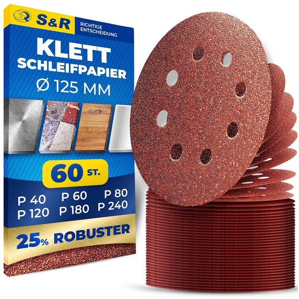 S&R Schleifpapier Klett, Set 125 mm, Meister, für Exzenterschleifer Ø 125 mm, (Set, 60 St., 10 x Körnungen P40, P60, P80, P120, P180, P240), besonders dichter F