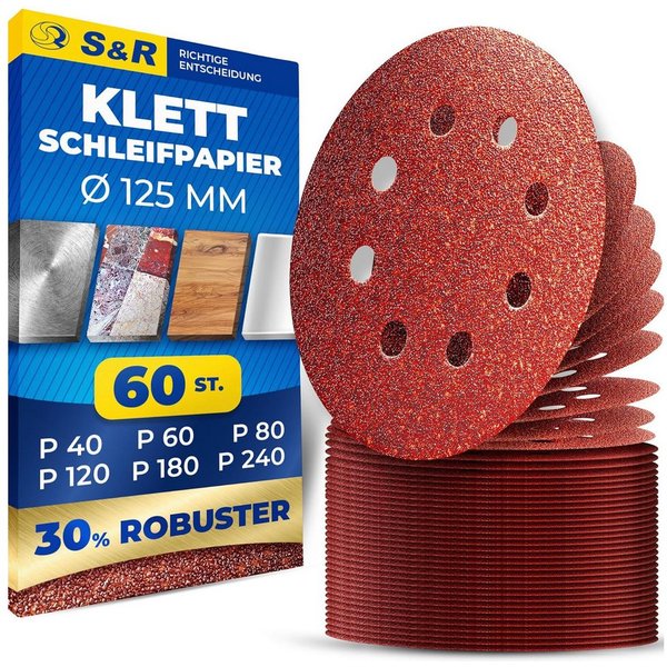 S&R Schleifpapier Klett Schleifpapier Professional, Set Ø 125 mm, (Set, 60 St., je 10x P40, P60, P80, P120, P180, P240), 8 Löcher, Schleifblätter für Exzentersc