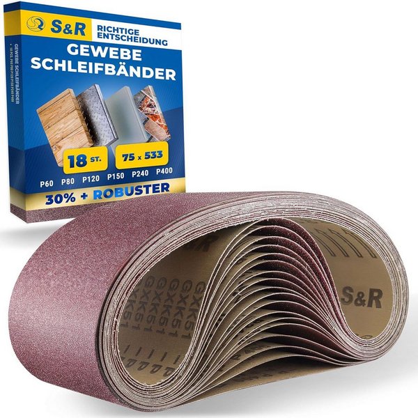 S&R Schleifpapier Schleifband-Set, 75 x 533 mm, für Bandschleifer, Schleifgurte, (Set, 18 St., je 3x P60, P80, P120, P150, P240, P400), reißfestes Gewebe-Schlei