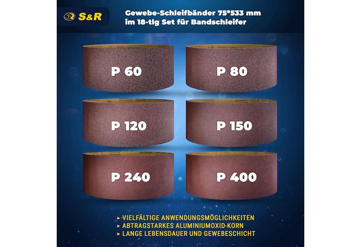 S&R Schleifpapier Schleifband-Set, 75 x 533 mm, für Bandschleifer, Schleifgurte, (Set, 18 St., je 3x P60, P80, P120, P150, P240, P400), reißfestes Gewebe-Schlei – Bild 2 von 5