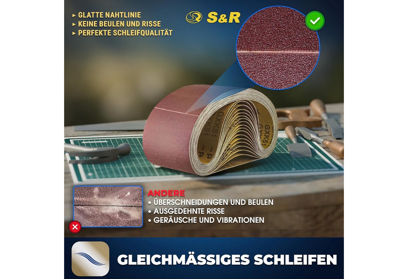 S&R Schleifpapier Schleifband-Set, 75 x 533 mm, für Bandschleifer, Schleifgurte, (Set, 18 St., je 3x P60, P80, P120, P150, P240, P400), reißfestes Gewebe-Schlei – Bild 5 von 5