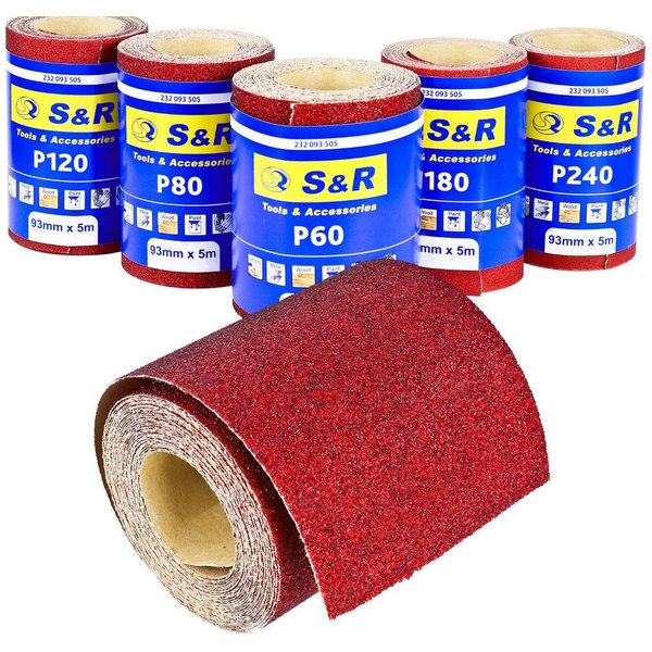 S&R Schleifpapier Schleifpapierrollen Set, 93 mm x 5 m, (Set, 5 St., je Körnung 5x P60, P80, P120, P180, P240), Schleifrollen zum Schleifen von Holz, Metall, St