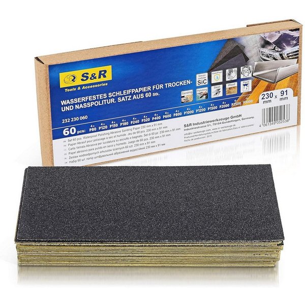 S&R Schleifpapier Wasserfestes Schleifpapier, Schleifblätter Satz, Siliziumkarbid-Korn, (Set, 60 St., 15 Körnungen P80 bis P3000), Schmirgelpapier, für Trockenp