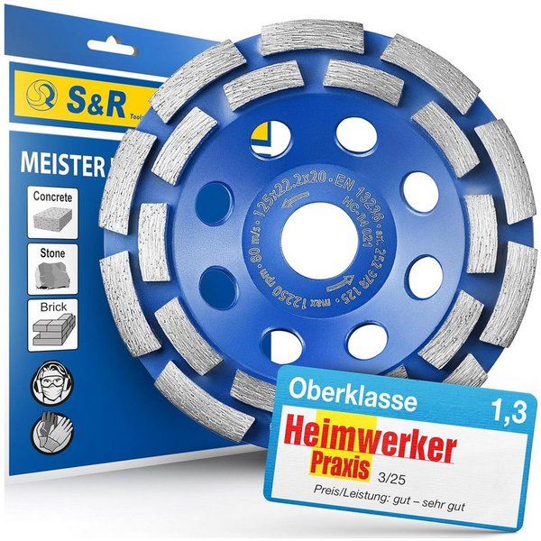S&R Schleifscheibe Diamant-Schleiftopf 125 x 22,23 mm für Beton, Granit, Stein, Mauerwerk, (1 x S&R Diamantschleiftopf 125 mm Premium-Produktreihe, doppelreihig