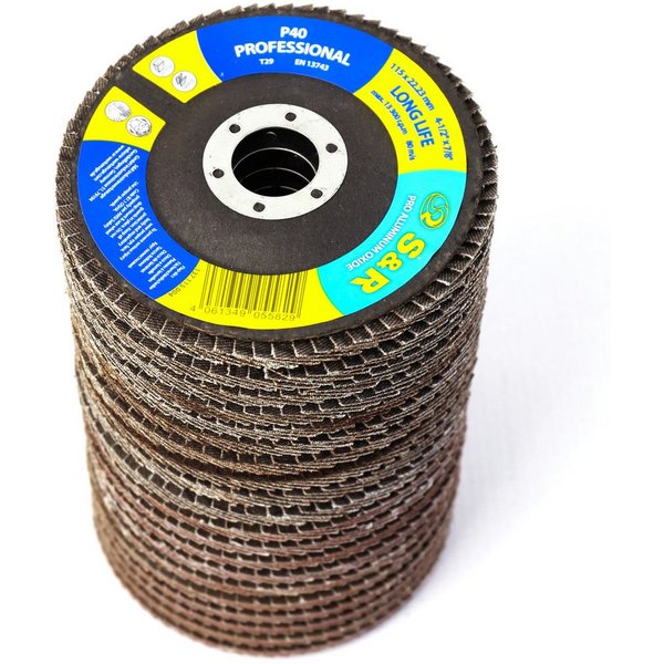 S&R Schleifscheibe Fächerschleifer 115 x 22,23 mm, PRO ALUMINIUM OXID, T29, (Set, 20 St., je 5x Körnung P40 / P60 / P80 / P120), Lamellenschleifer, Schruppschei