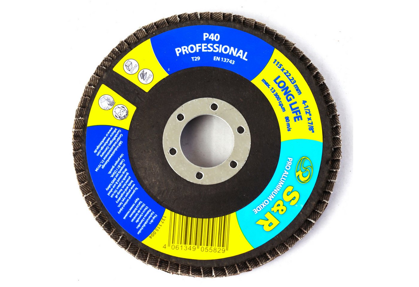 S&R Schleifscheibe Fächerschleifer 115 x 22,23 mm, PRO ALUMINIUM OXID, T29, (Set, 20 St., je 5x Körnung P40 / P60 / P80 / P120), Lamellenschleifer, Schruppschei – Bild 2 von 5
