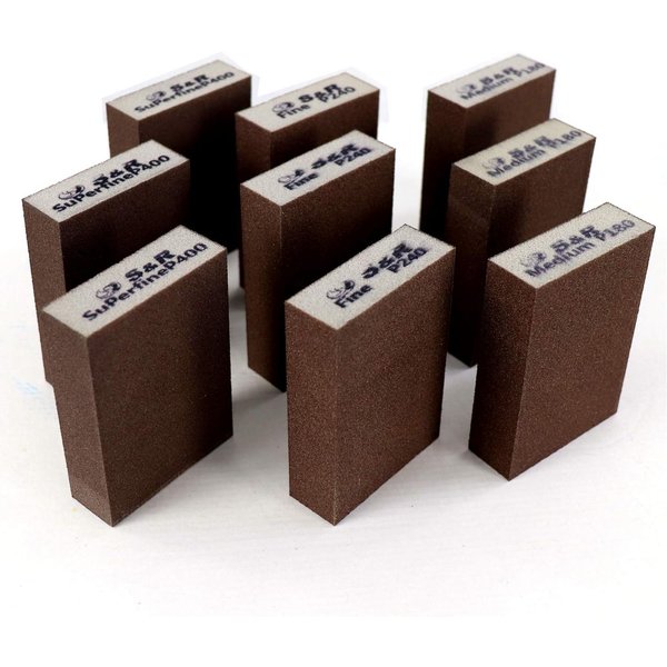 S&R Schleifschwamm Schleifklötze, Handschleifer, 3 Körnungen, 100 x 70 x 25 mm, (Set, 9 St., 3 Körnungen, Mittel 3x P180, Fein 3x P240, Superfein 3x P400), zum 