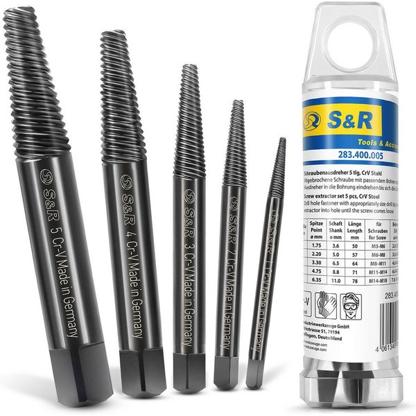 S&R Schraubendreher Schraubenausdreher Set, Ausdreher für defekte Schrauben, Bolzen etc., (Set, 5 St., 5-tlg. M3 bis M18 Gewinde), MADE IN GERMANY aus hitzegehä