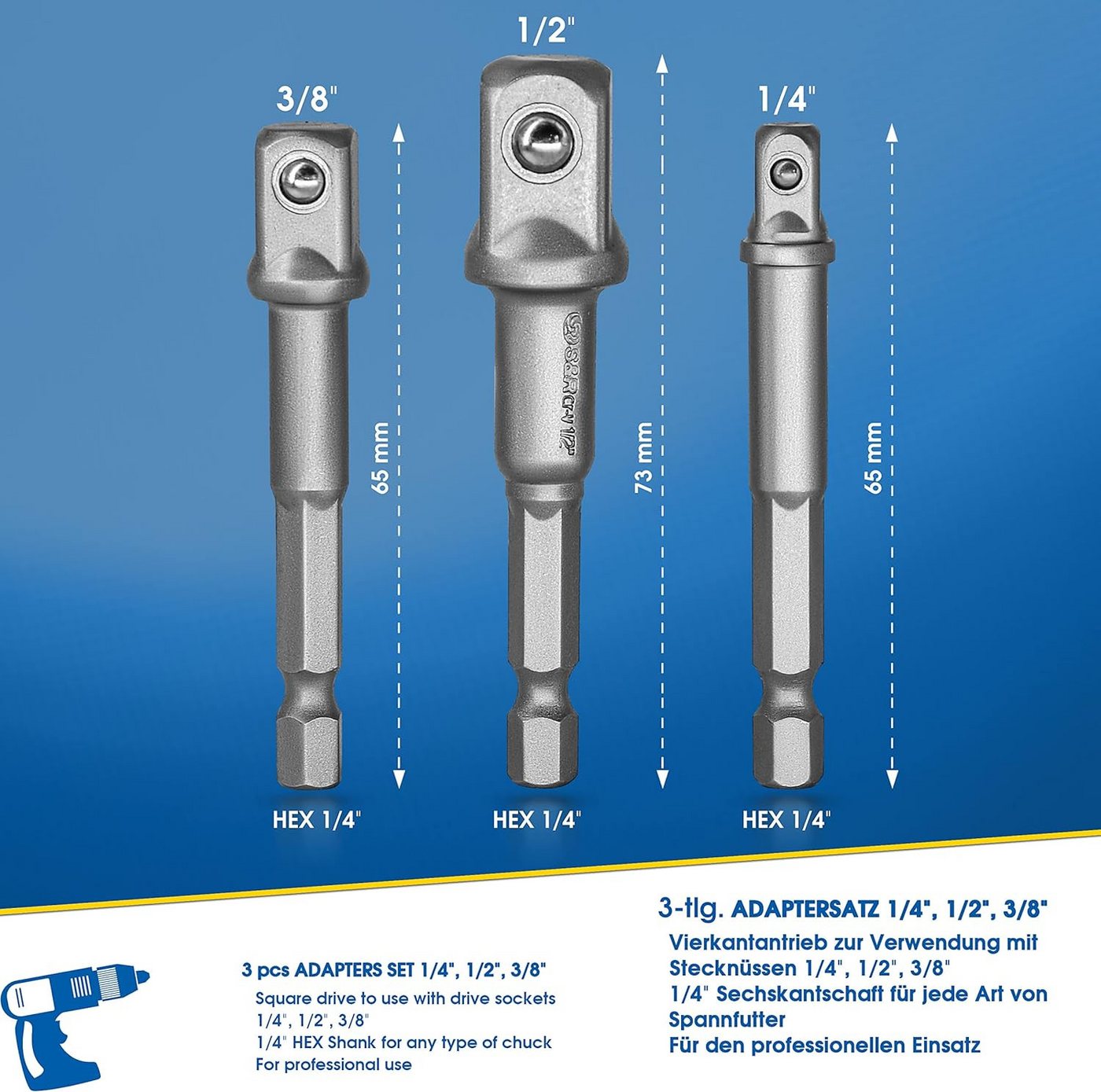 S&R Stecknüsse -Adapter, für Bohrmaschine und Akkuschrauber, aus Cr-V-Stahl, Satz, 3-St., 3 tlg. Adapter Sechskant auf 1/4", 1/2", 3/8" Vierkant, Aufstecken ohn – Bild 2 von 5