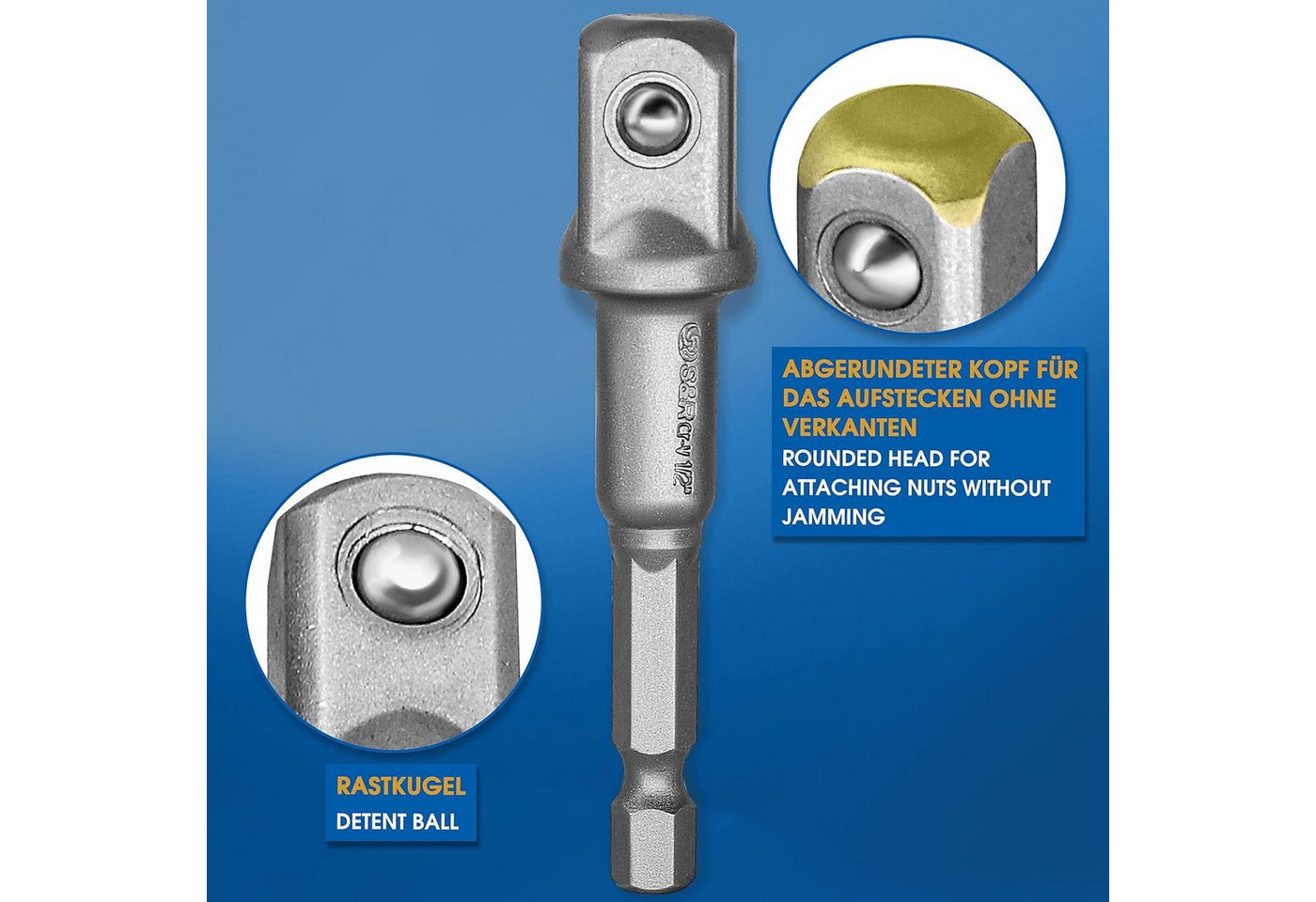 S&R Stecknüsse -Adapter, für Bohrmaschine und Akkuschrauber, aus Cr-V-Stahl, Satz, 3-St., 3 tlg. Adapter Sechskant auf 1/4", 1/2", 3/8" Vierkant, Aufstecken ohn – Bild 3 von 5