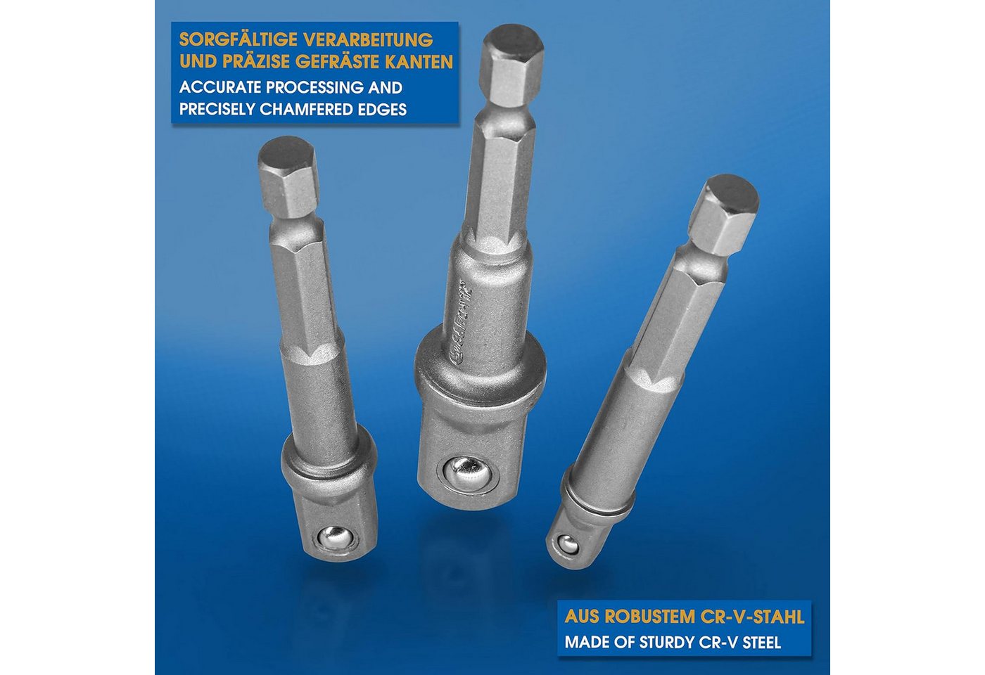 S&R Stecknüsse -Adapter, für Bohrmaschine und Akkuschrauber, aus Cr-V-Stahl, Satz, 3-St., 3 tlg. Adapter Sechskant auf 1/4", 1/2", 3/8" Vierkant, Aufstecken ohn – Bild 4 von 5