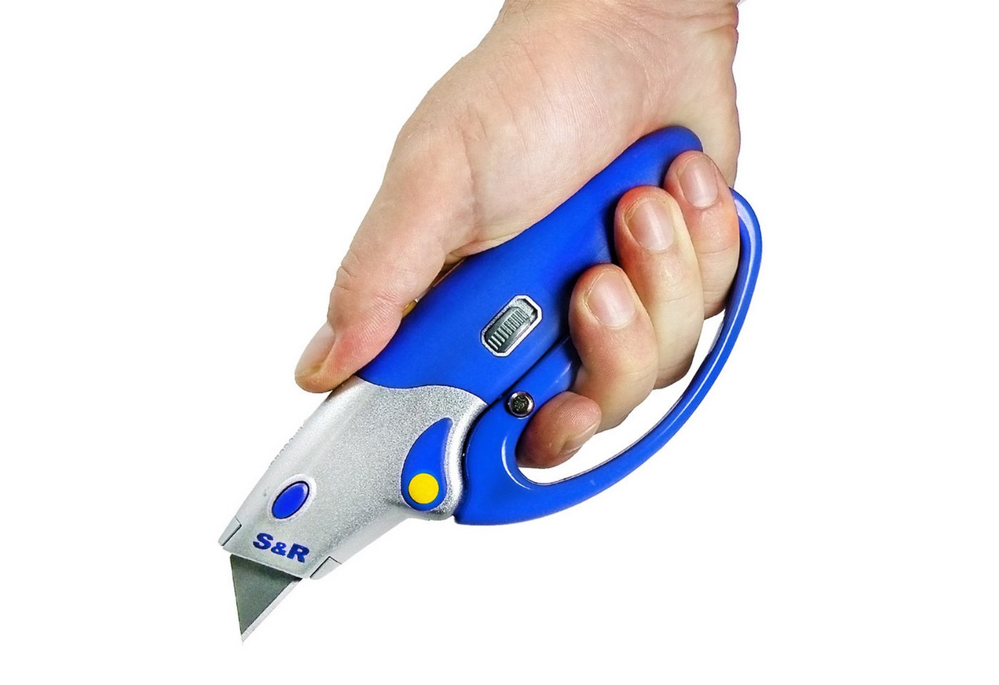 S&R Teppichmesser Automatisches Profi Cuttermesser 175mm, Handschutz, SK5 Stahl, (6-tlg), praktische Mechanik zum Ein- und Ausfahren der Klinge – Bild 2 von 5