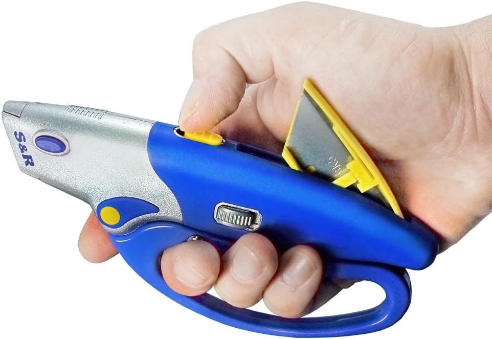 S&R Teppichmesser Automatisches Profi Cuttermesser 175mm, Handschutz, SK5 Stahl, (6-tlg), praktische Mechanik zum Ein- und Ausfahren der Klinge – Bild 5 von 5
