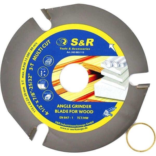 S&R Trennscheibe für Holz 115 mm, Multi Material, Wolframkarbid Hartmetall Zähne, Ø 115 mm, (115 mm x 3.8 mm x 22,23/20 mm mit Reduzierring), für Hartholz, Weic