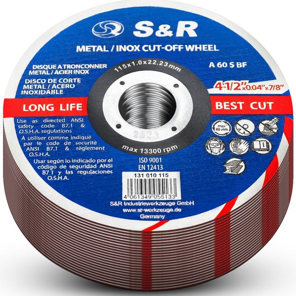 S&R Trennscheibe für Metall, Stahl, Edelstahl/INOX, 115 x 1,0 x 22,23 mm, A60 S-BF, (Set, 25 - Stück), für Winkelschleifer, Flex, zertifiziert nach ISO 9001 und
