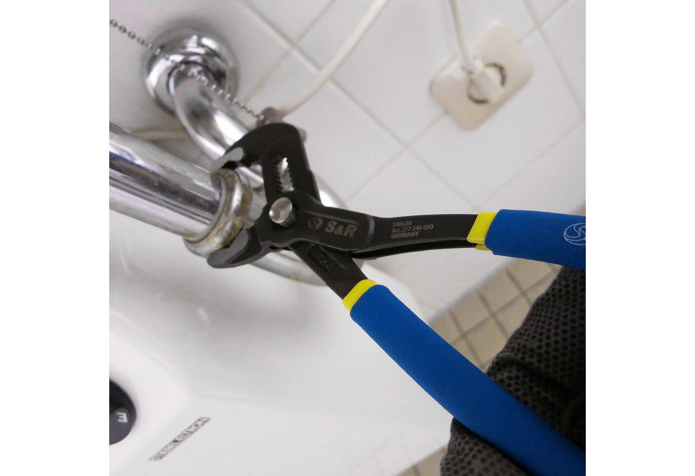 S&R Wasserpumpenzange 300x40mm, CR-V Stahl, phosphatiert, doppelt ummantelte Griffe, 1-tlg., der Schnelleinstellungs-Mechanismus ermöglicht einhändiges Arbeiten – Bild 3 von 5