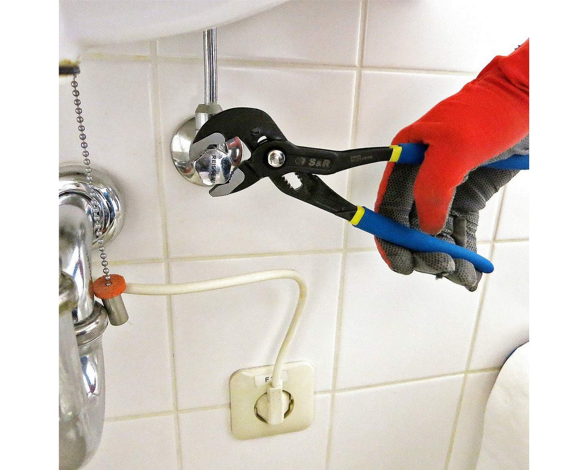 S&R Wasserpumpenzange 300x40mm, CR-V Stahl, phosphatiert, doppelt ummantelte Griffe, 1-tlg., der Schnelleinstellungs-Mechanismus ermöglicht einhändiges Arbeiten – Bild 4 von 5