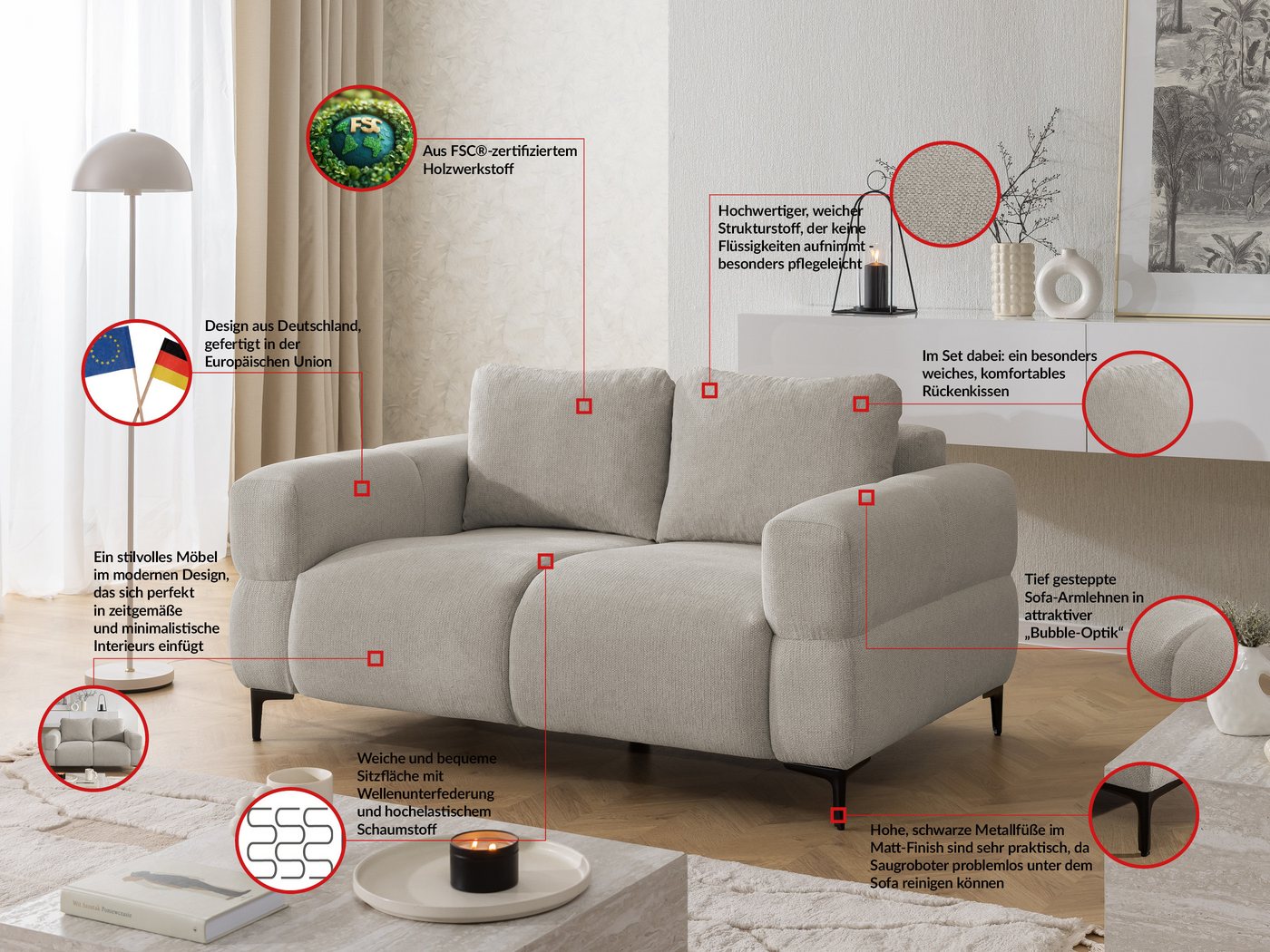 S-Style Möbel 2-Sitzer Sofa Cardea in Bubble-Optik aus weichem Strukturstoff, mit Wellenfederung und hohem Sitzkomfort – Bild 3 von 5