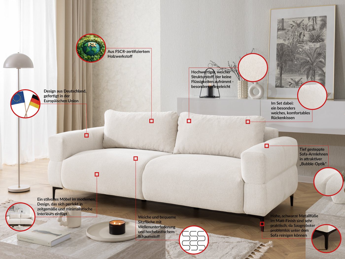 S-Style Möbel 3-Sitzer Sofa Cardea in Bubble-Optik aus weichem Strukturstoff, mit Wellenfederung und hohem Sitzkomfort – Bild 3 von 5