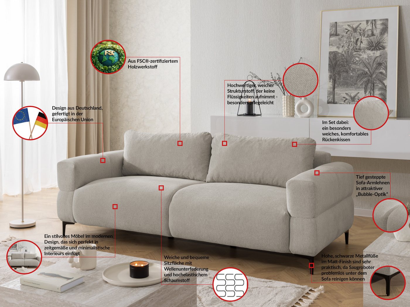 S-Style Möbel 3-Sitzer Sofa Cardea in Bubble-Optik aus weichem Strukturstoff, mit Wellenfederung und hohem Sitzkomfort – Bild 3 von 5