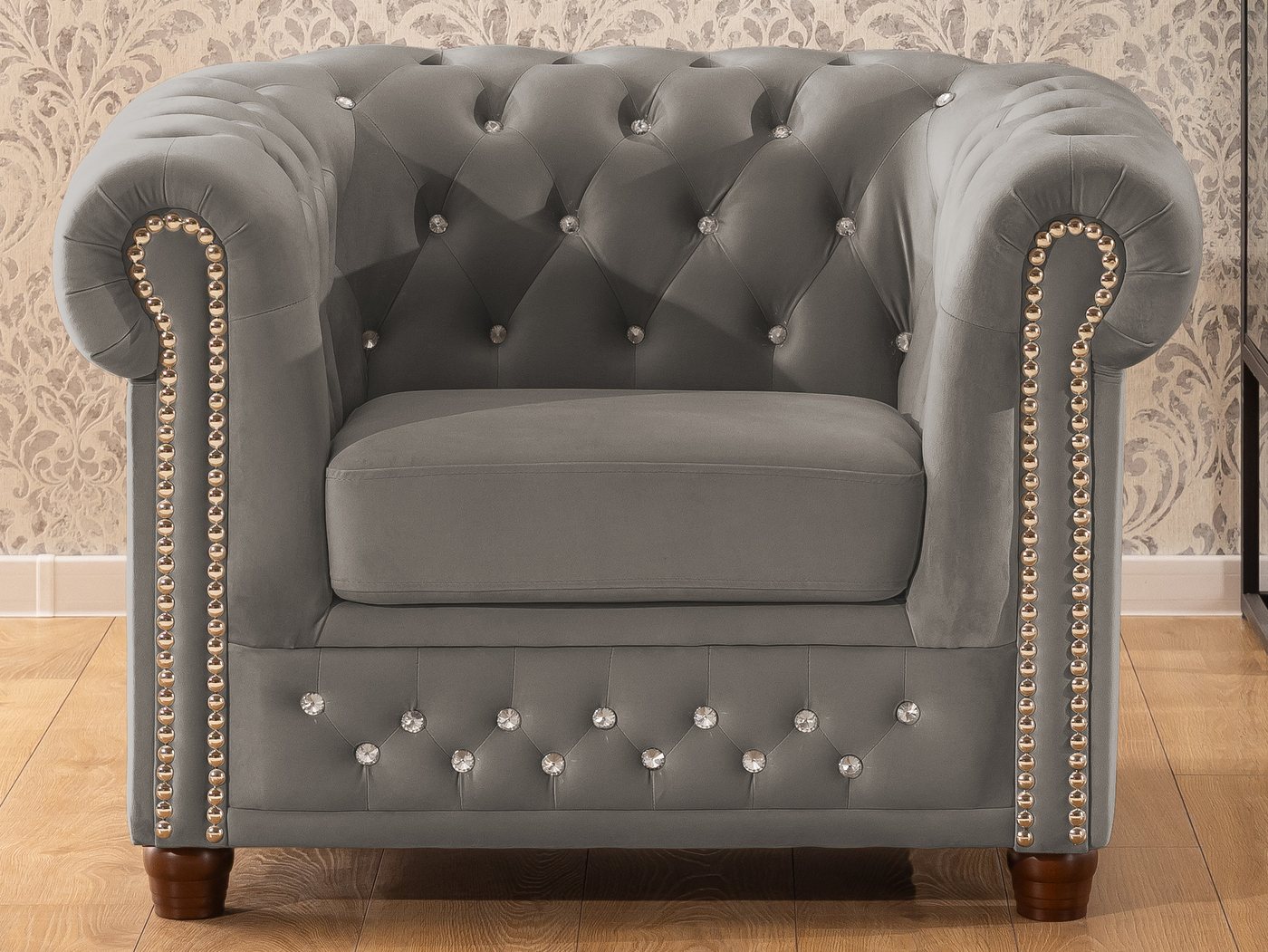 S-Style Möbel Chesterfield-Sessel Cleo Blink aus Samt mit Kristallsteppung und braunen Massivholzfüßen, mit Wellenfederung – Bild 2 von 5
