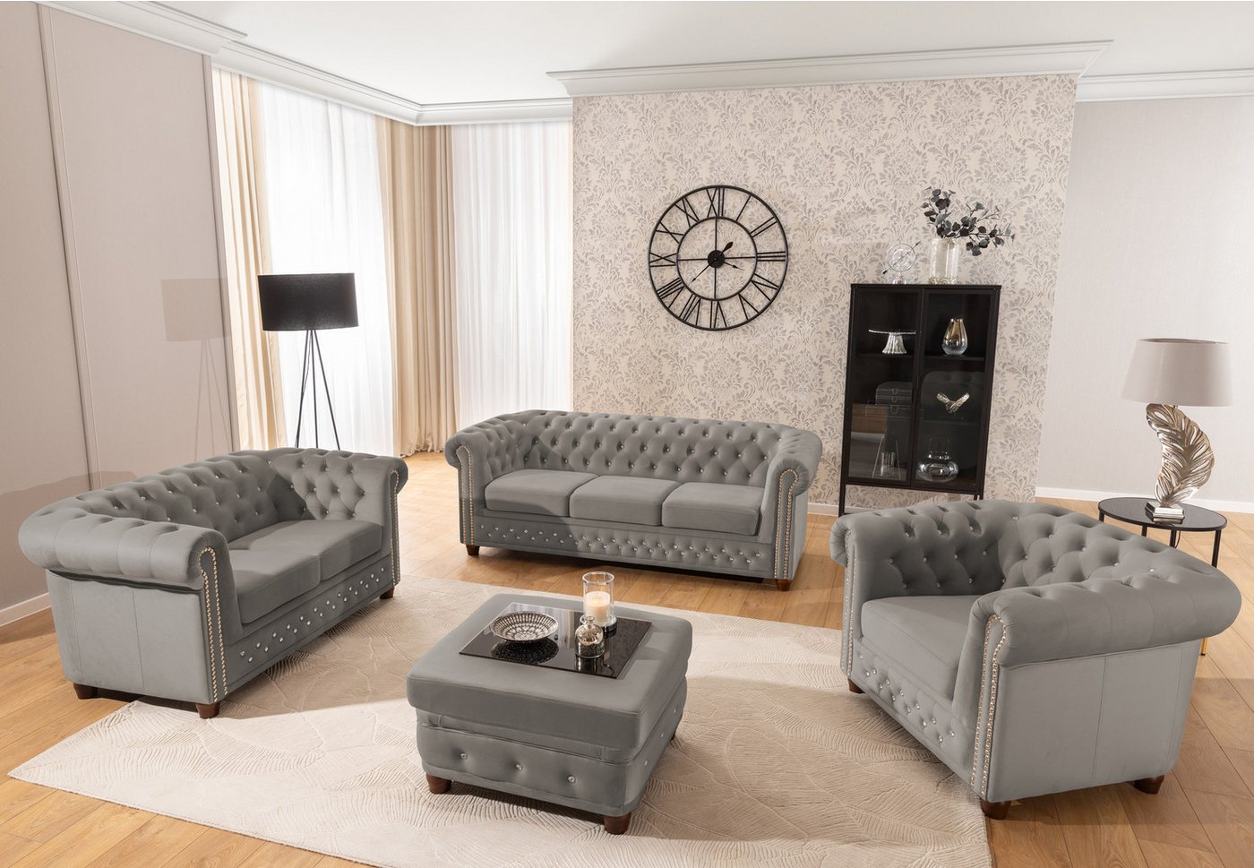 S-Style Möbel Chesterfield-Sessel Cleo Blink aus Samt mit Kristallsteppung und braunen Massivholzfüßen, mit Wellenfederung – Bild 3 von 5