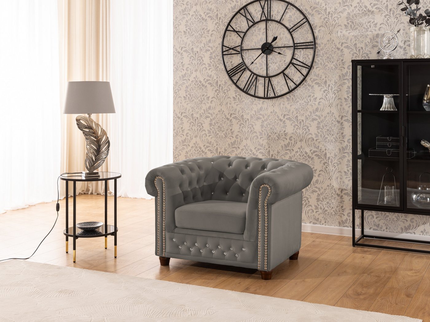 S-Style Möbel Chesterfield-Sessel Cleo Blink aus Samt mit Kristallsteppung und braunen Massivholzfüßen, mit Wellenfederung – Bild 4 von 5