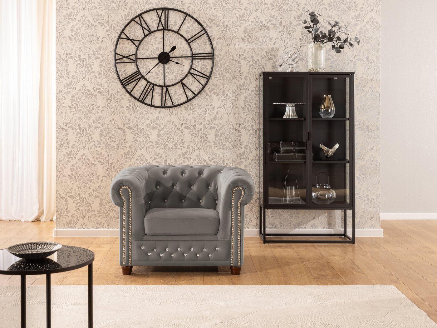 S-Style Möbel Chesterfield-Sessel Cleo Blink aus Samt mit Kristallsteppung und braunen Massivholzfüßen, mit Wellenfederung – Bild 5 von 5