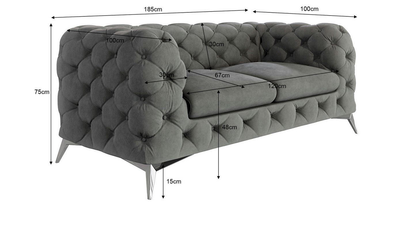 S-Style Möbel Chesterfield-Sofa Kalina, 2-Sitzer mit silbernen Metall Füßen, mit Wellenfederung – Bild 4 von 5