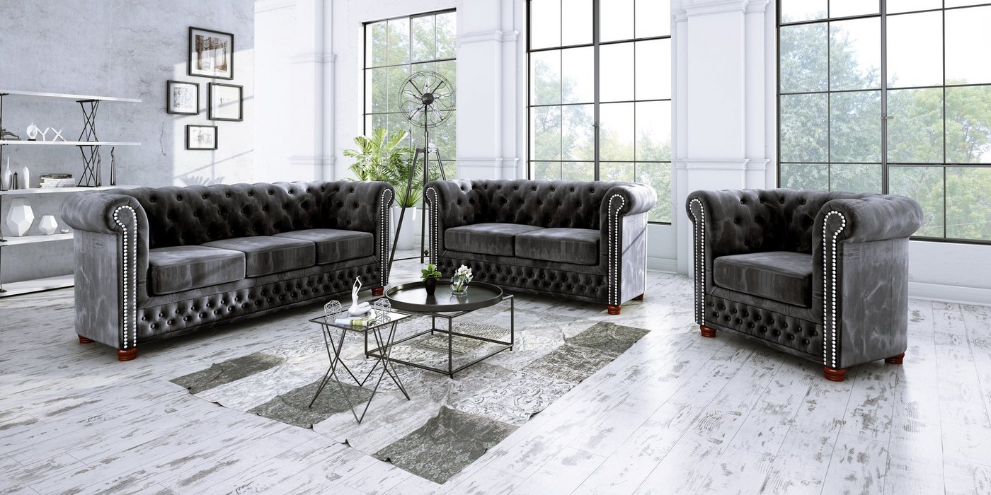 S-Style Möbel Chesterfield-Sofa Leeds, 2-Sitzer aus Samt-Stoff mit Holzfüßen, mit Wellenfederung – Bild 3 von 5