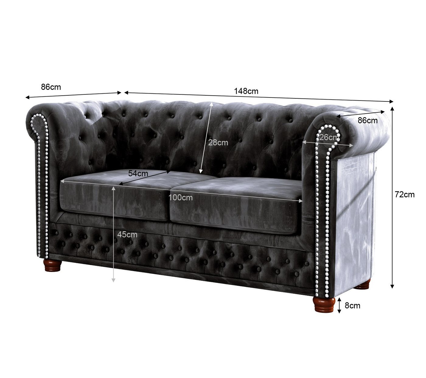 S-Style Möbel Chesterfield-Sofa Leeds, 2-Sitzer aus Samt-Stoff mit Holzfüßen, mit Wellenfederung – Bild 5 von 5