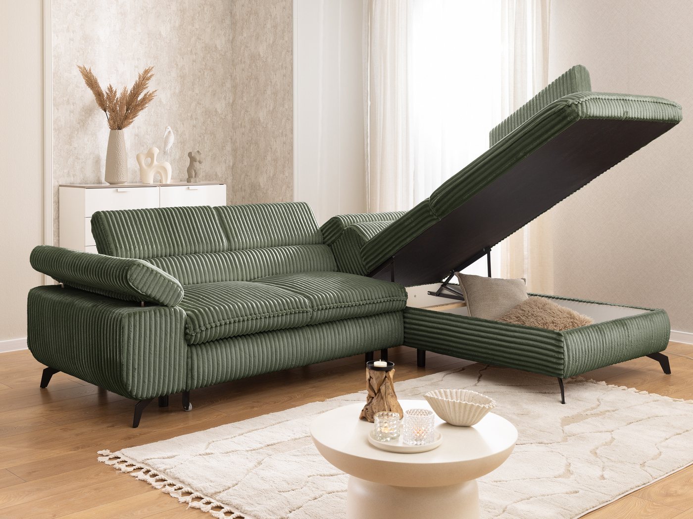 S-Style Möbel Ecksofa Bonnie mit Schlaffunktion Bettkasten und Kopfteilverstellung, mit Wellenfederung, Cord-Stoff – Bild 4 von 5