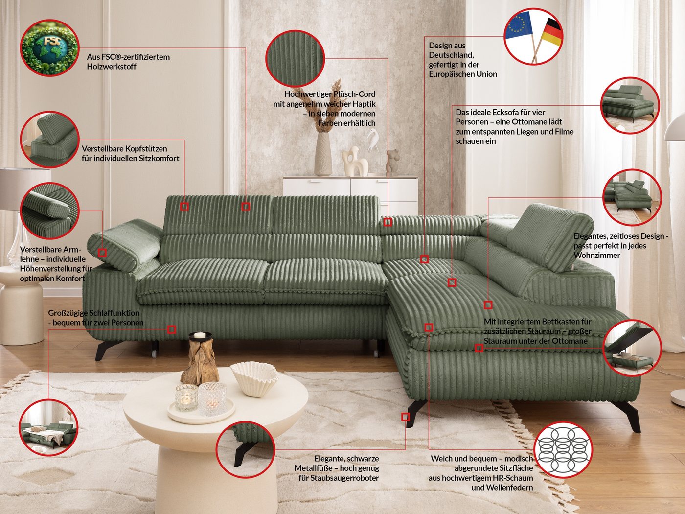 S-Style Möbel Ecksofa Bonnie mit Schlaffunktion Bettkasten und Kopfteilverstellung, mit Wellenfederung, Cord-Stoff – Bild 5 von 5