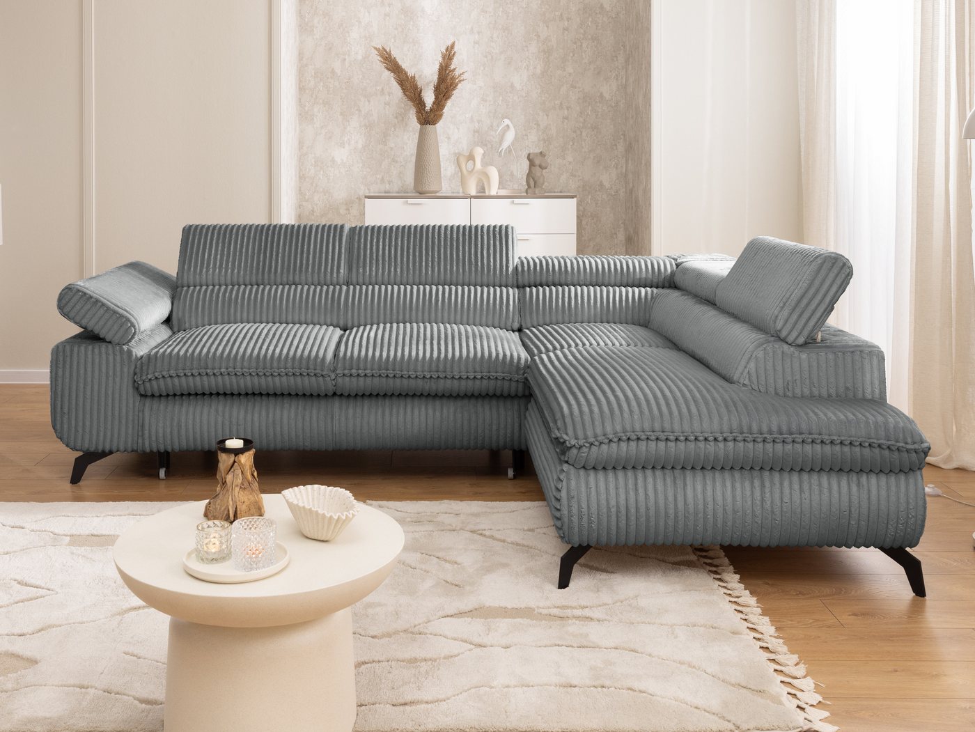 S-Style Möbel Ecksofa Bonnie mit Schlaffunktion Bettkasten und Kopfteilverstellung, mit Wellenfederung, Cord-Stoff – Bild 2 von 5