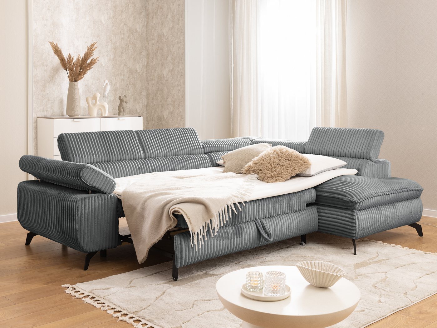 S-Style Möbel Ecksofa Bonnie mit Schlaffunktion Bettkasten und Kopfteilverstellung, mit Wellenfederung, Cord-Stoff – Bild 3 von 5