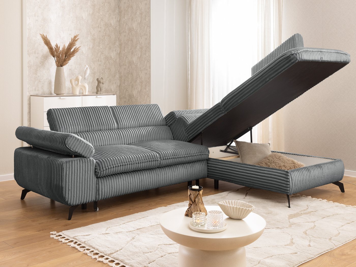 S-Style Möbel Ecksofa Bonnie mit Schlaffunktion Bettkasten und Kopfteilverstellung, mit Wellenfederung, Cord-Stoff – Bild 4 von 5