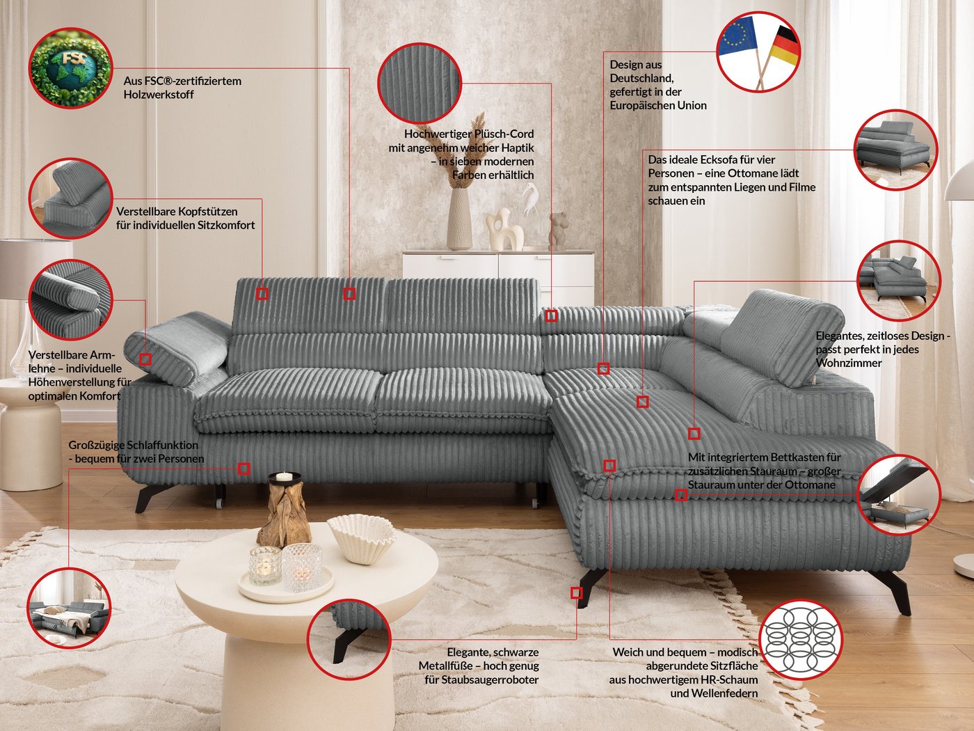 S-Style Möbel Ecksofa Bonnie mit Schlaffunktion Bettkasten und Kopfteilverstellung, mit Wellenfederung, Cord-Stoff – Bild 5 von 5