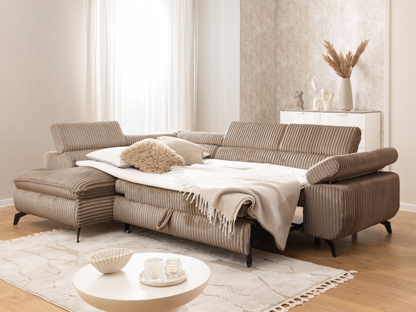 S-Style Möbel Ecksofa Bonnie mit Schlaffunktion Bettkasten und Kopfteilverstellung, mit Wellenfederung, Cord-Stoff – Bild 3 von 5