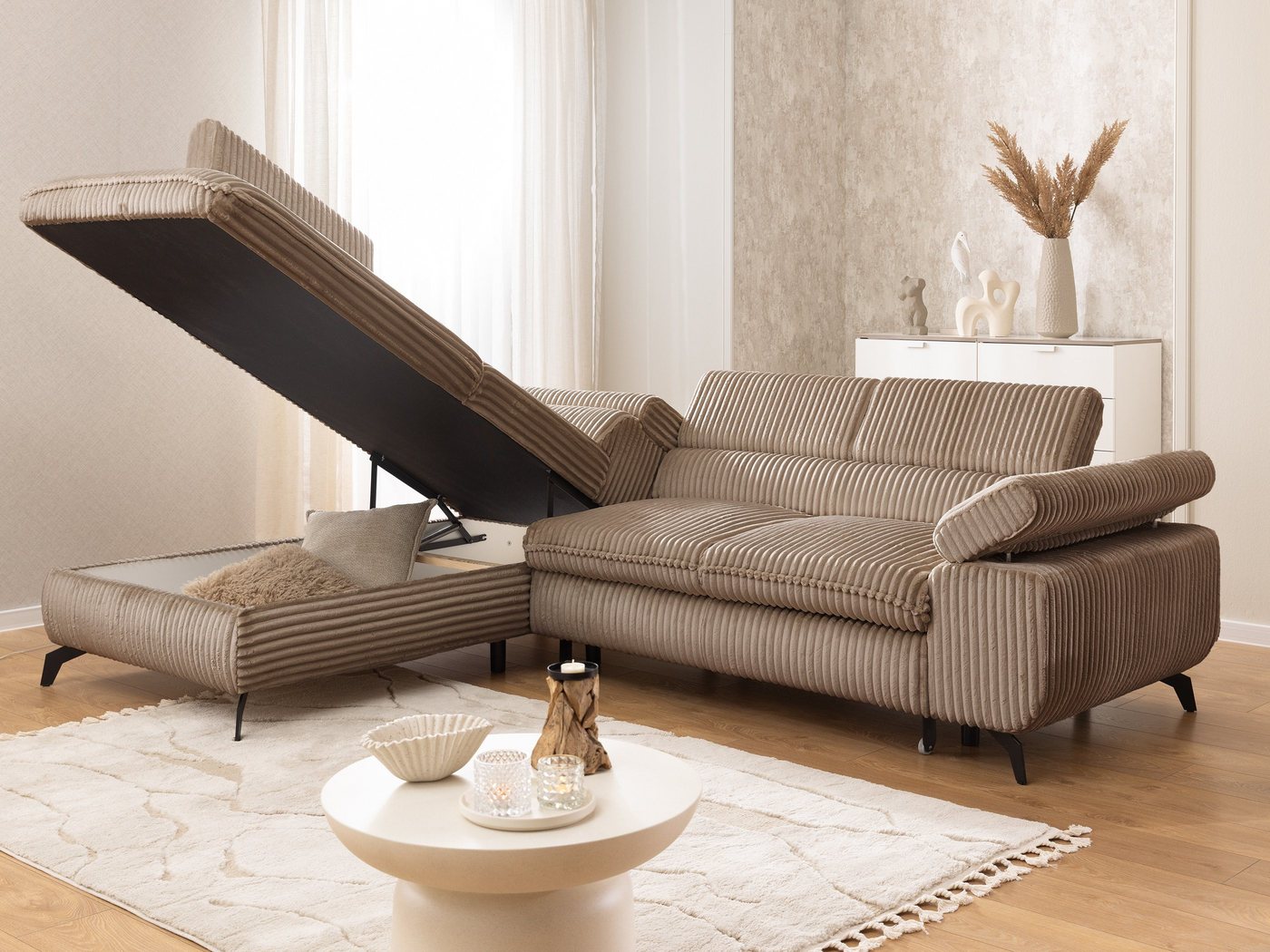 S-Style Möbel Ecksofa Bonnie mit Schlaffunktion Bettkasten und Kopfteilverstellung, mit Wellenfederung, Cord-Stoff – Bild 4 von 5