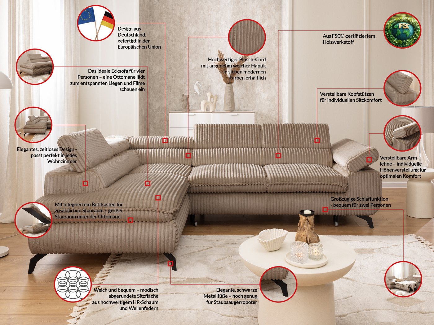 S-Style Möbel Ecksofa Bonnie mit Schlaffunktion Bettkasten und Kopfteilverstellung, mit Wellenfederung, Cord-Stoff – Bild 5 von 5