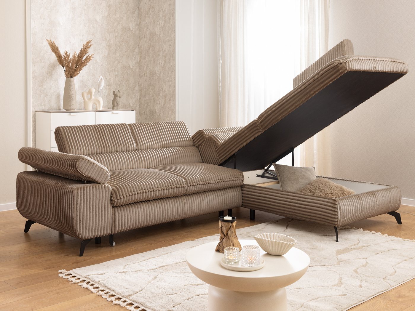 S-Style Möbel Ecksofa Bonnie mit Schlaffunktion Bettkasten und Kopfteilverstellung, mit Wellenfederung, Cord-Stoff – Bild 4 von 5