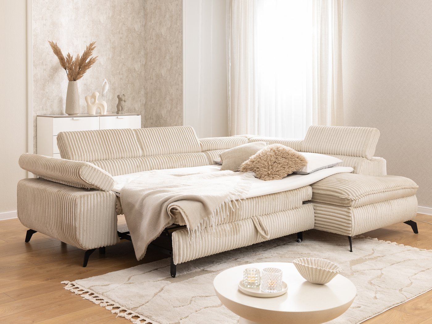 S-Style Möbel Ecksofa Bonnie mit Schlaffunktion Bettkasten und Kopfteilverstellung, mit Wellenfederung, Cord-Stoff – Bild 3 von 5