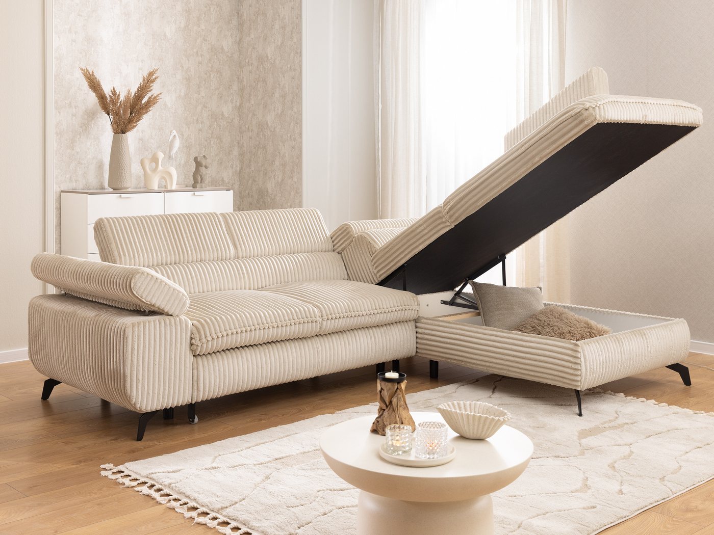 S-Style Möbel Ecksofa Bonnie mit Schlaffunktion Bettkasten und Kopfteilverstellung, mit Wellenfederung, Cord-Stoff – Bild 4 von 5