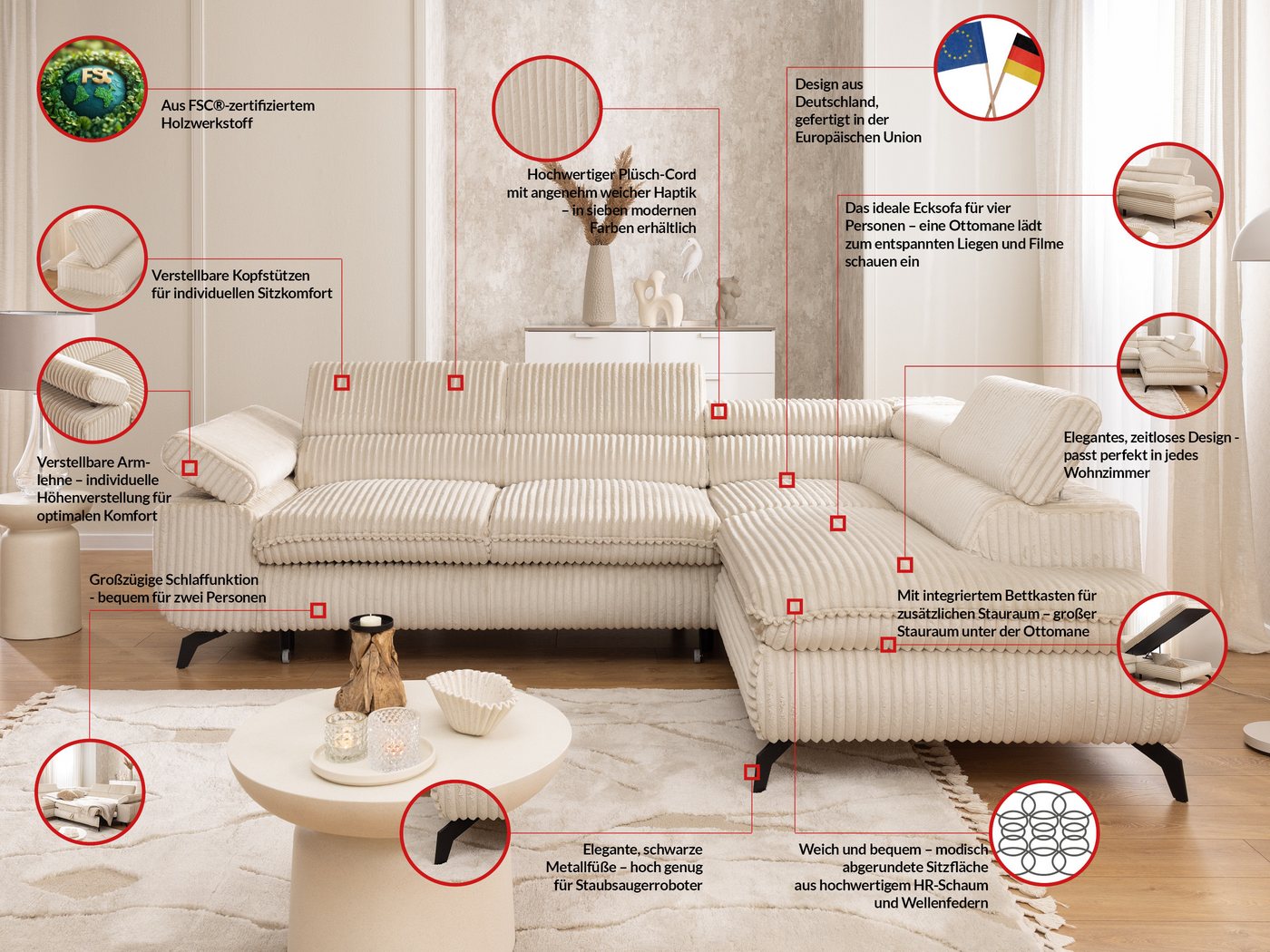 S-Style Möbel Ecksofa Bonnie mit Schlaffunktion Bettkasten und Kopfteilverstellung, mit Wellenfederung, Cord-Stoff – Bild 5 von 5