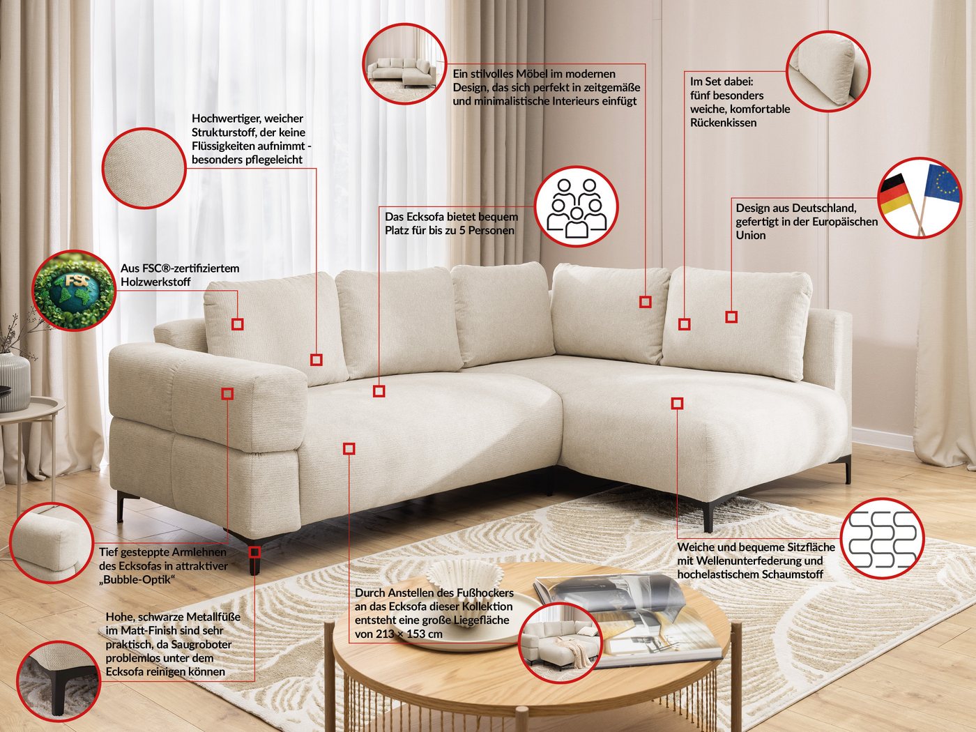 S-Style Möbel Ecksofa Cardea in Bubble-Optik aus weichem Strukturstoff mit hohem Sitzkomfort, mit Wellenfederung – Bild 3 von 5